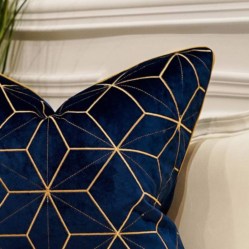 Avigers 18 x 18 Inches Navy Blue Gold Plaid Cushion Case Luxury European Throw Pillow Cover Decorative Pillow for Couch Living Room Bedroom Car - Image 2